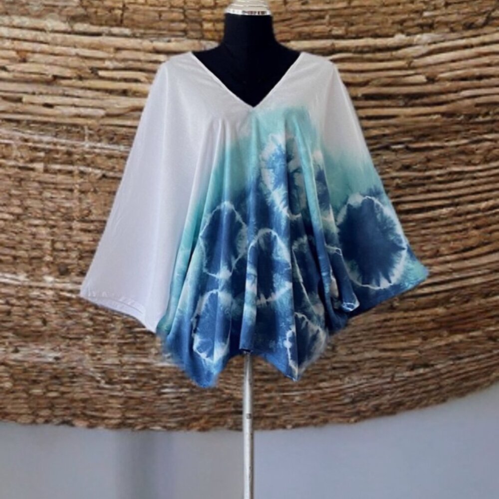 White Blue Hand Tie Dyed Dolman Sleeve Top Blouse Shirt (#5)